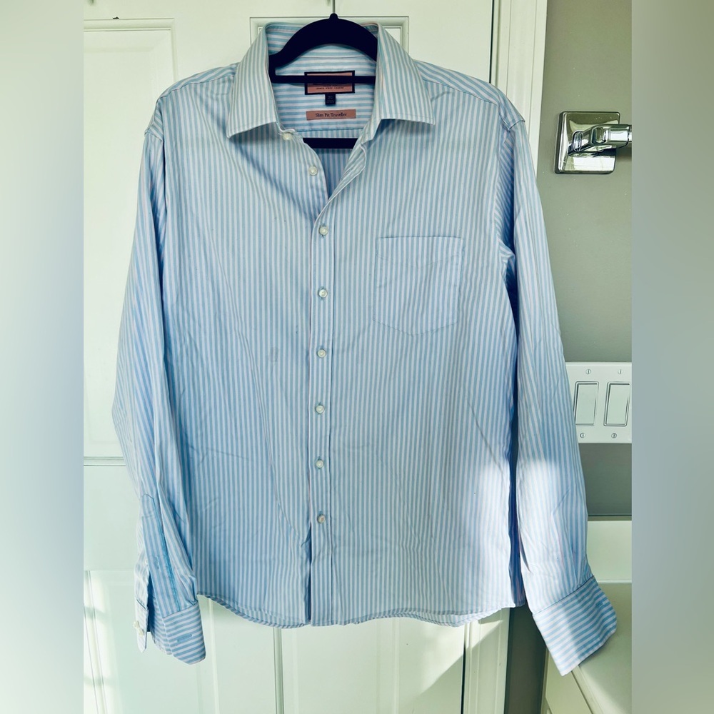 Thomas Pink Pink and Blue Stripe Slim Fit Traveler Button Down Shirt
